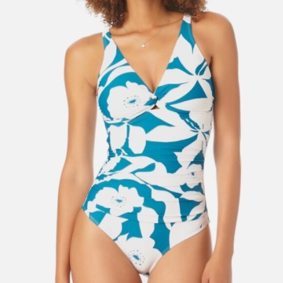 NWT! Anne Cole Teal White Botanical Floral Twist Front One Piece Swimsuit NEW! - Picture 1 of 3